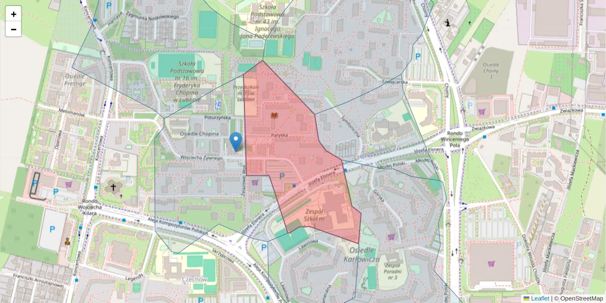 Szczegółowa mapa kodu pocztowego 20-854 z granicami, sąsiednimi kodami pocztowymi i urzędami pocztowymi