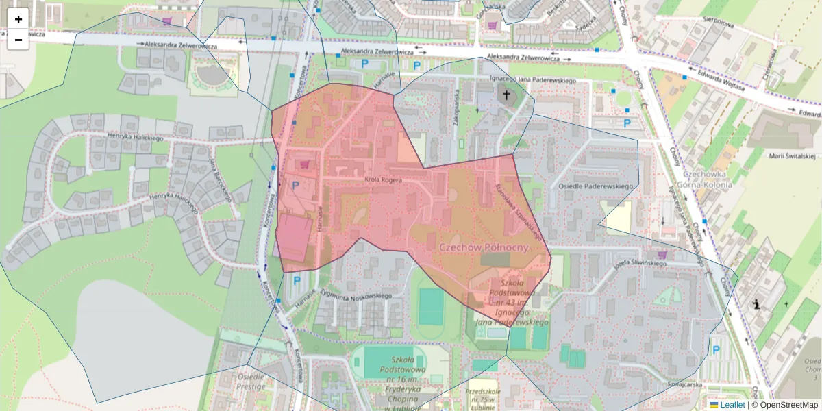 Szczegółowa mapa kodu pocztowego 20-857 z granicami, sąsiednimi kodami pocztowymi i urzędami pocztowymi