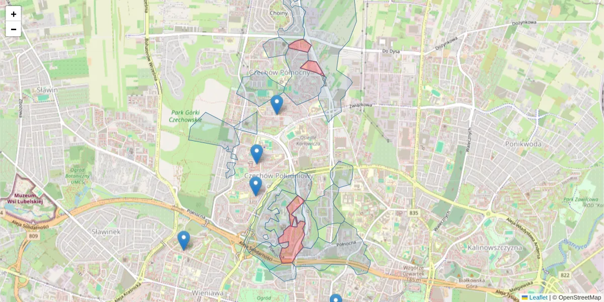 Szczegółowa mapa kodu pocztowego 20-860 z granicami, sąsiednimi kodami pocztowymi i urzędami pocztowymi
