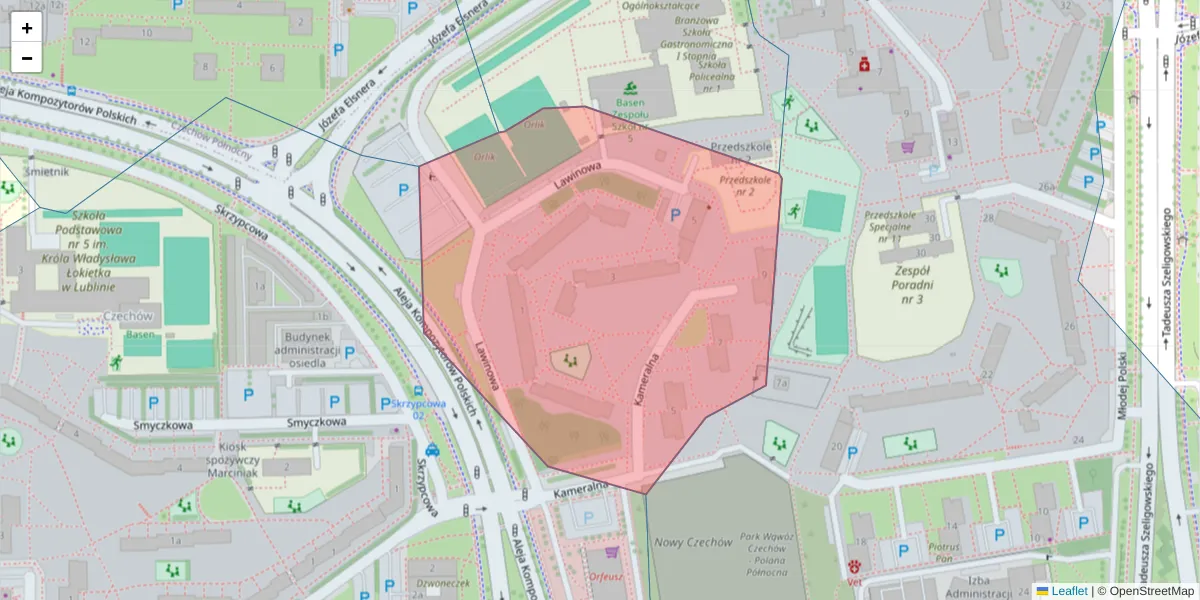 Szczegółowa mapa kodu pocztowego 20-864 z granicami, sąsiednimi kodami pocztowymi i urzędami pocztowymi