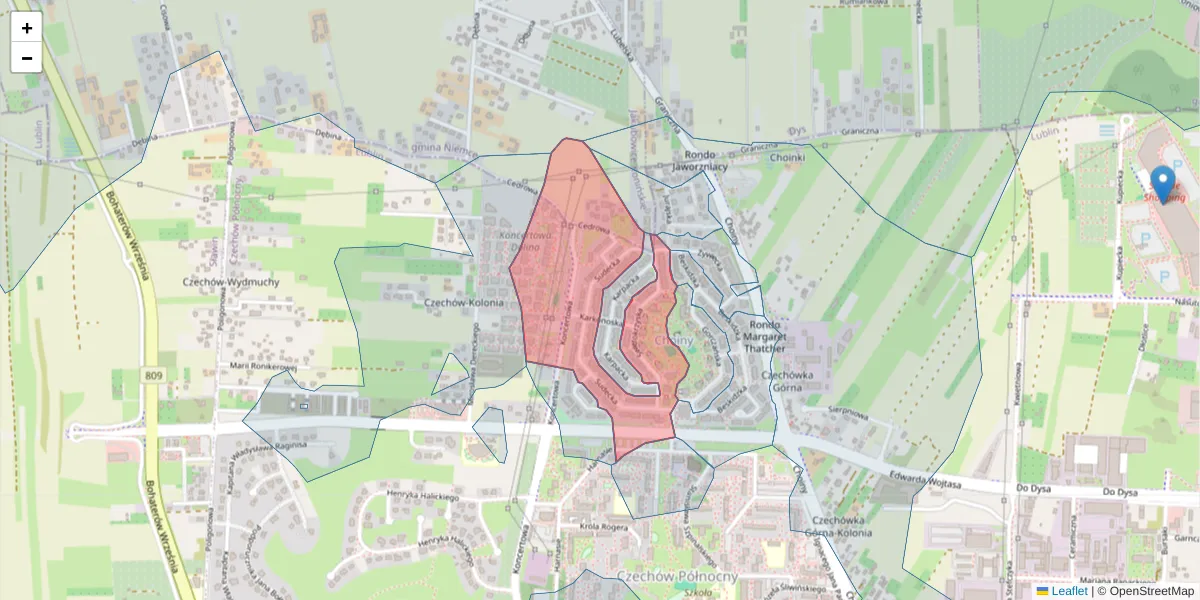 Szczegółowa mapa kodu pocztowego 20-867 z granicami, sąsiednimi kodami pocztowymi i urzędami pocztowymi