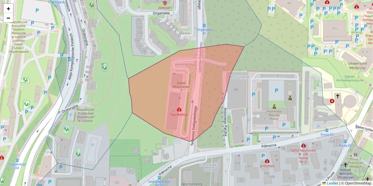 Szczegółowa mapa kodu pocztowego 20-883 z granicami, sąsiednimi kodami pocztowymi i urzędami pocztowymi