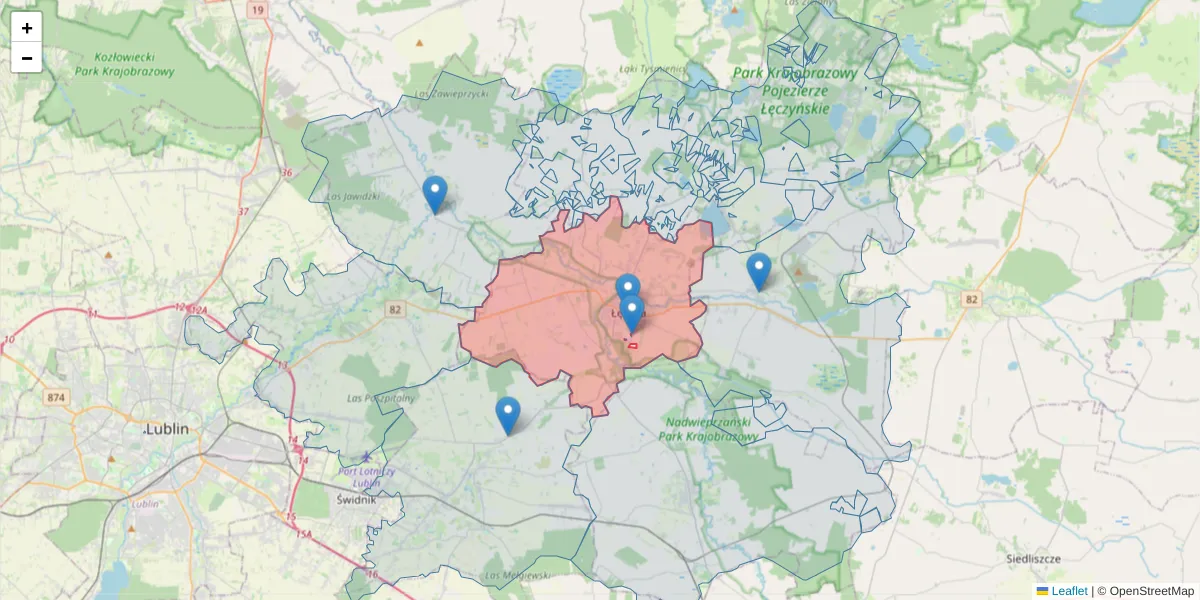 Szczegółowa mapa kodu pocztowego 21-010 z granicami, sąsiednimi kodami pocztowymi i urzędami pocztowymi