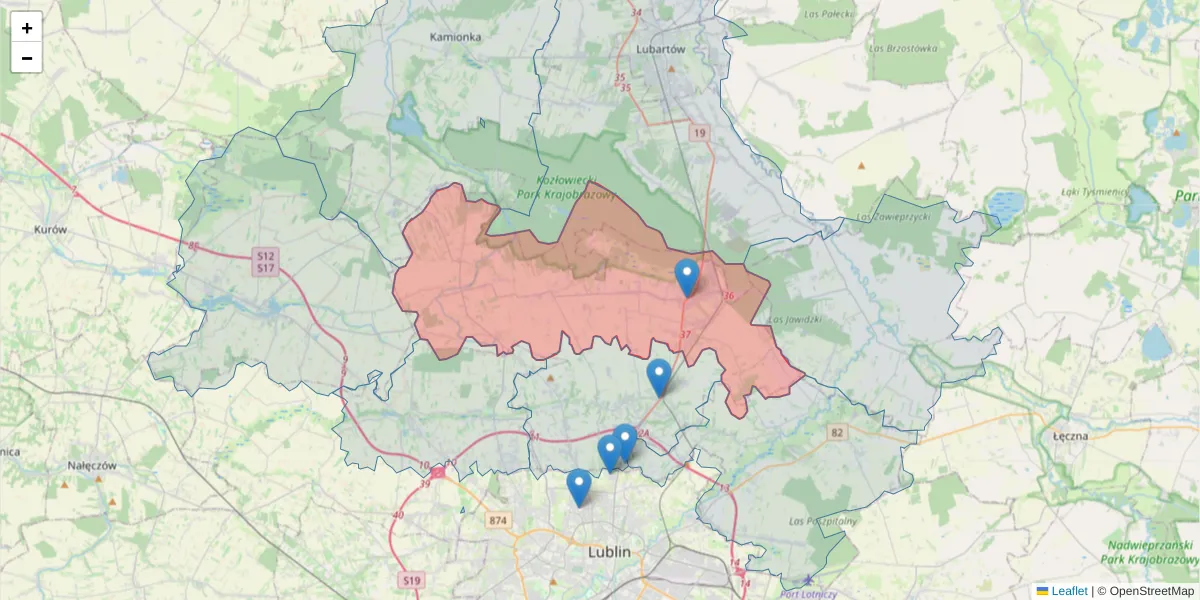 Szczegółowa mapa kodu pocztowego 21-025 z granicami, sąsiednimi kodami pocztowymi i urzędami pocztowymi