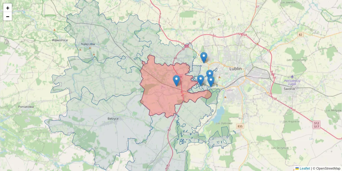Szczegółowa mapa kodu pocztowego 21-030 z granicami, sąsiednimi kodami pocztowymi i urzędami pocztowymi