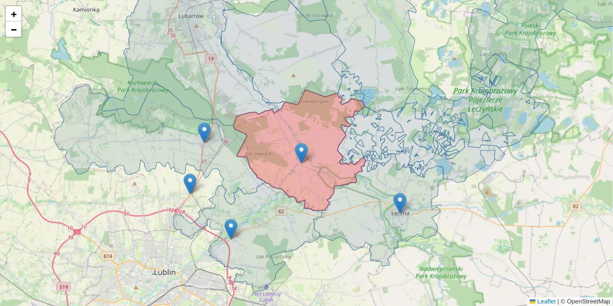 Szczegółowa mapa kodu pocztowego 21-077 z granicami, sąsiednimi kodami pocztowymi i urzędami pocztowymi