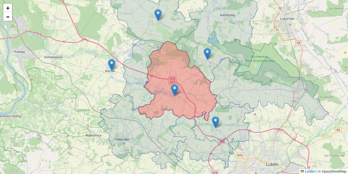 Szczegółowa mapa kodu pocztowego 21-080 z granicami, sąsiednimi kodami pocztowymi i urzędami pocztowymi