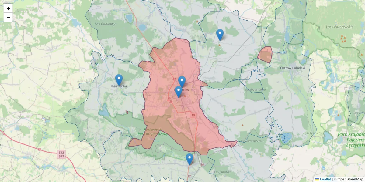 Szczegółowa mapa kodu pocztowego 21-100 z granicami, sąsiednimi kodami pocztowymi i urzędami pocztowymi