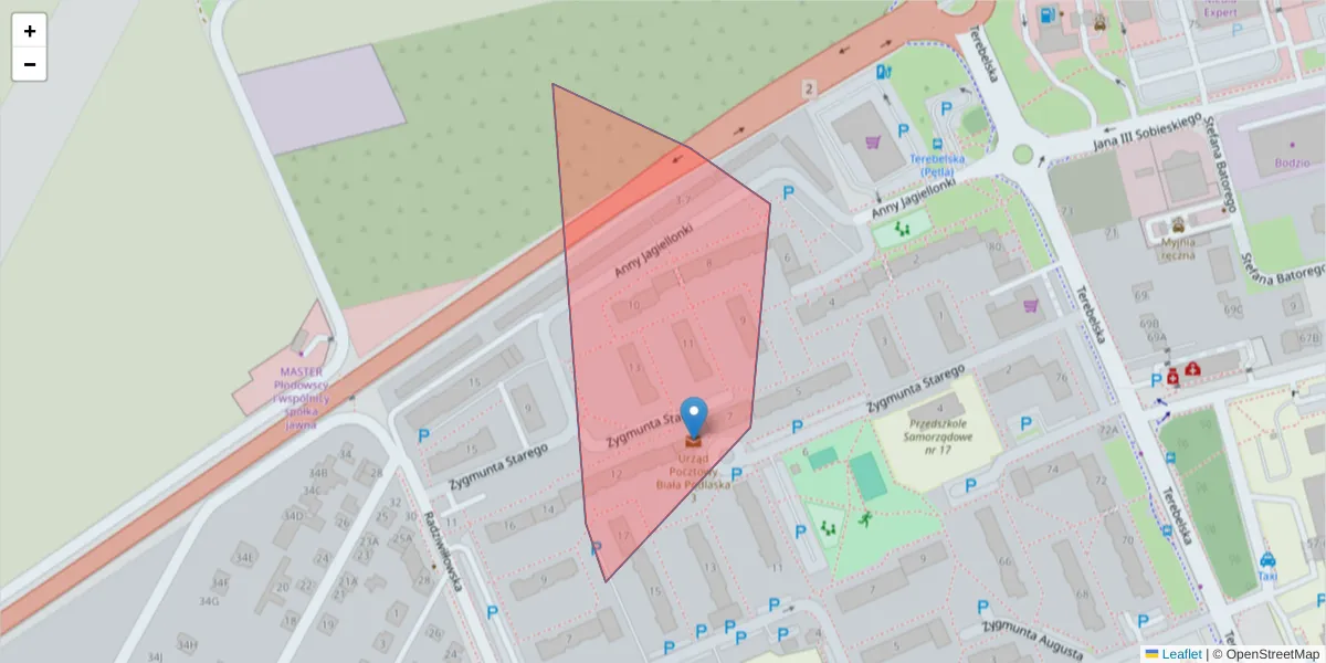 Szczegółowa mapa kodu pocztowego 21-501 z granicami, sąsiednimi kodami pocztowymi i urzędami pocztowymi