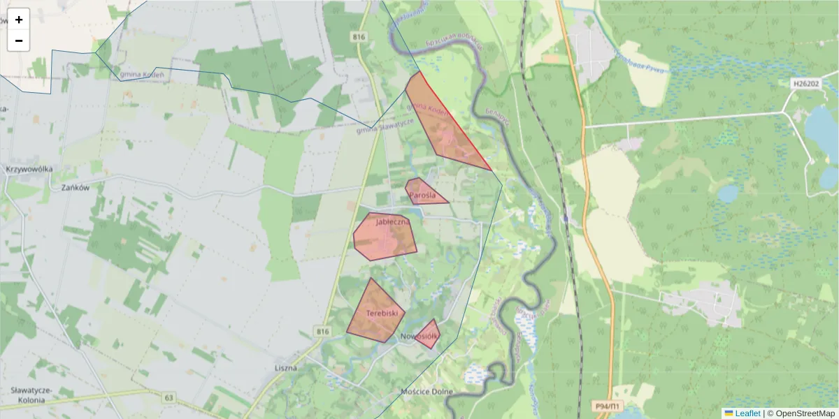 Szczegółowa mapa kodu pocztowego 21-526 z granicami, sąsiednimi kodami pocztowymi i urzędami pocztowymi