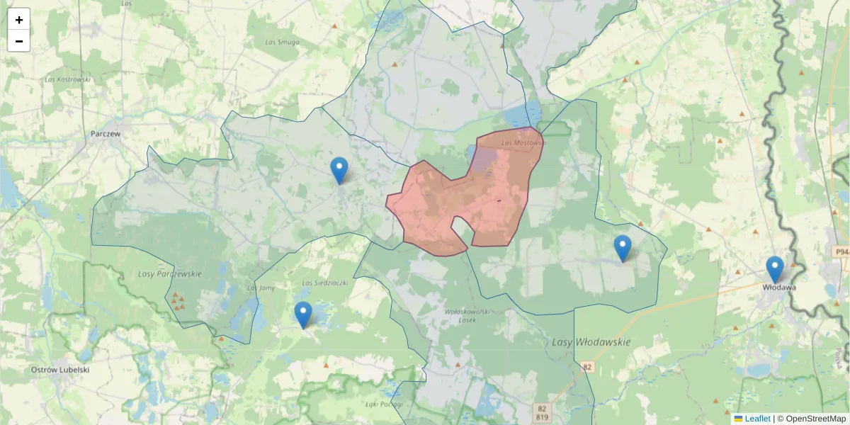 Szczegółowa mapa kodu pocztowego 22-206 z granicami, sąsiednimi kodami pocztowymi i urzędami pocztowymi