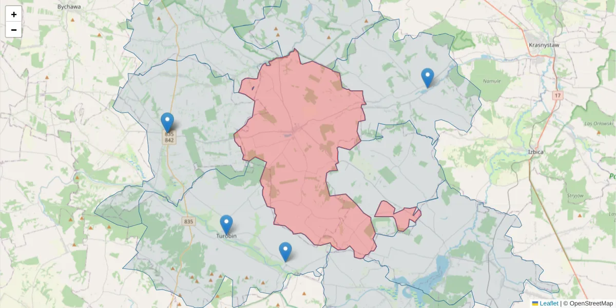 Szczegółowa mapa kodu pocztowego 22-335 z granicami, sąsiednimi kodami pocztowymi i urzędami pocztowymi