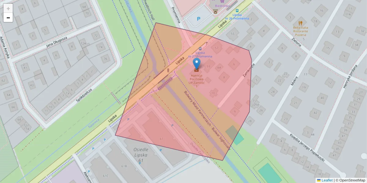 Szczegółowa mapa kodu pocztowego 22-407 z granicami, sąsiednimi kodami pocztowymi i urzędami pocztowymi