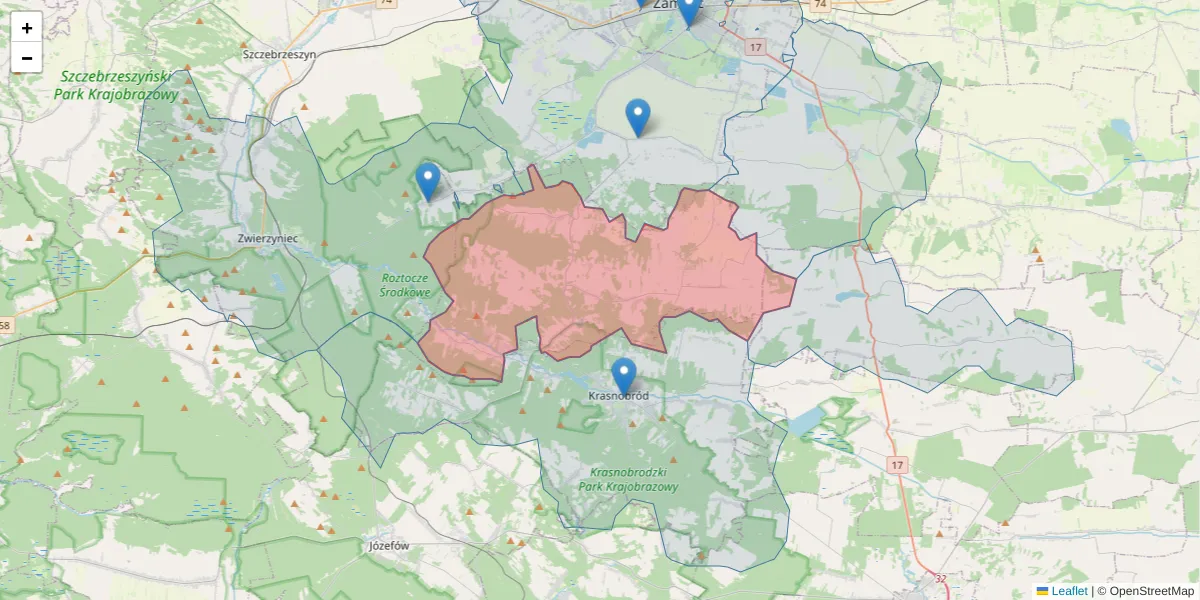 Szczegółowa mapa kodu pocztowego 22-442 z granicami, sąsiednimi kodami pocztowymi i urzędami pocztowymi