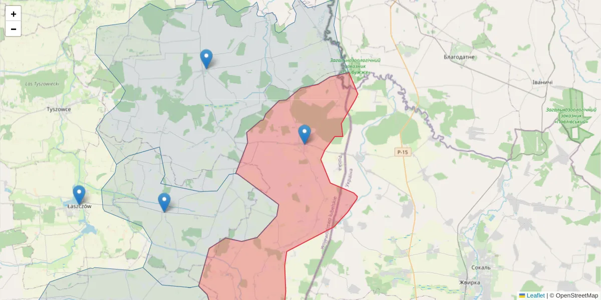 Szczegółowa mapa kodu pocztowego 22-540 z granicami, sąsiednimi kodami pocztowymi i urzędami pocztowymi