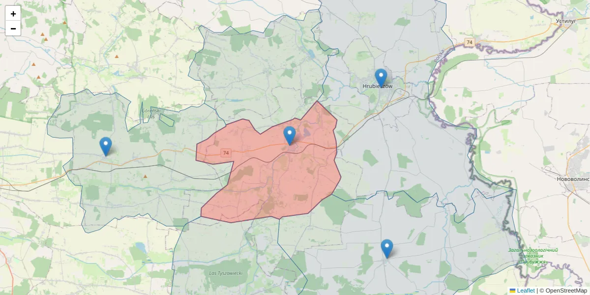Szczegółowa mapa kodu pocztowego 22-550 z granicami, sąsiednimi kodami pocztowymi i urzędami pocztowymi