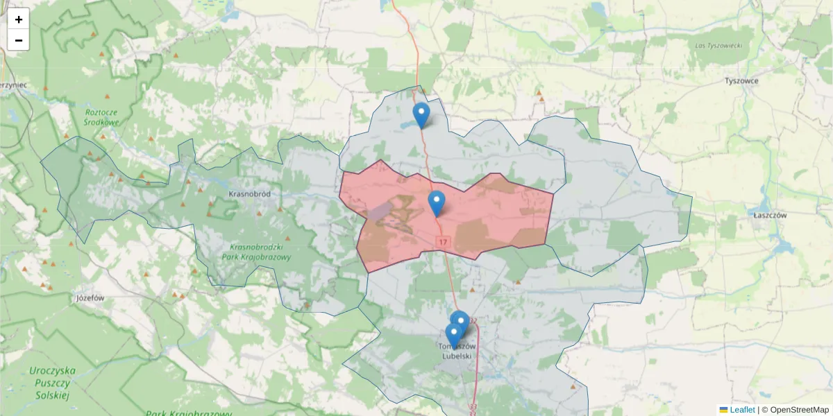 Szczegółowa mapa kodu pocztowego 22-604 z granicami, sąsiednimi kodami pocztowymi i urzędami pocztowymi