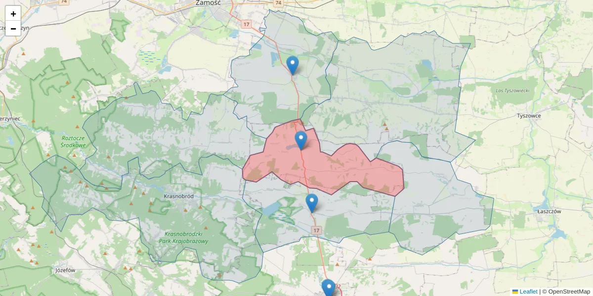Szczegółowa mapa kodu pocztowego 22-610 z granicami, sąsiednimi kodami pocztowymi i urzędami pocztowymi