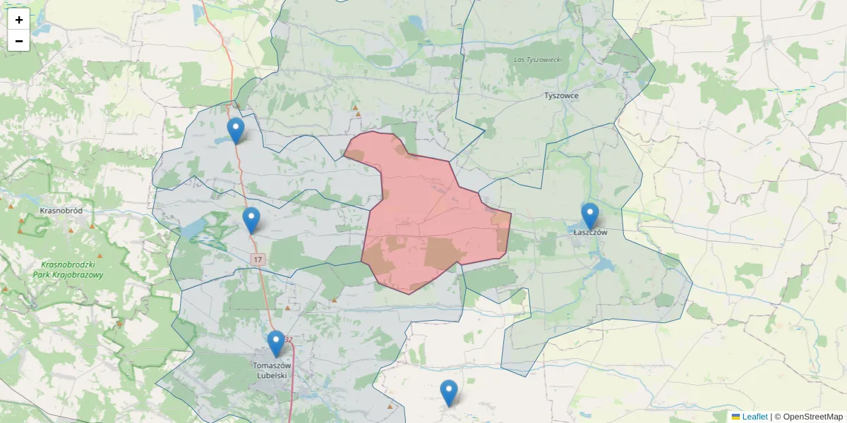 Szczegółowa mapa kodu pocztowego 22-640 z granicami, sąsiednimi kodami pocztowymi i urzędami pocztowymi