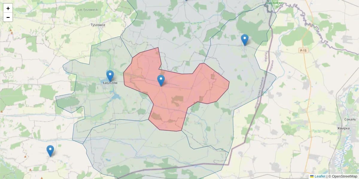 Szczegółowa mapa kodu pocztowego 22-652 z granicami, sąsiednimi kodami pocztowymi i urzędami pocztowymi