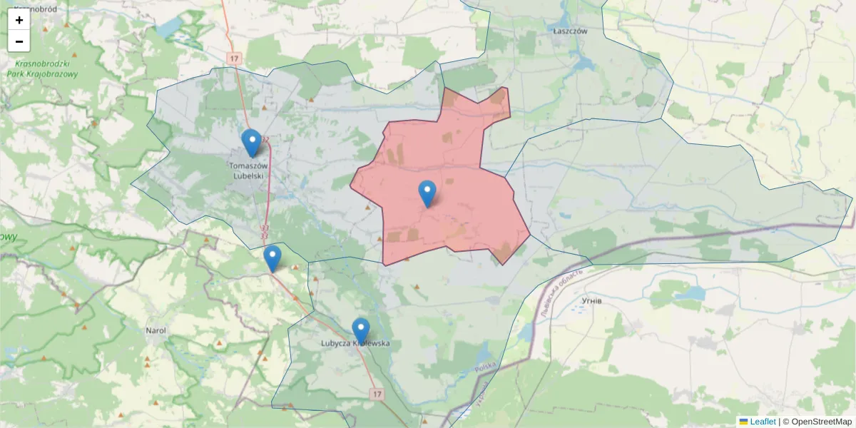 Szczegółowa mapa kodu pocztowego 22-664 z granicami, sąsiednimi kodami pocztowymi i urzędami pocztowymi