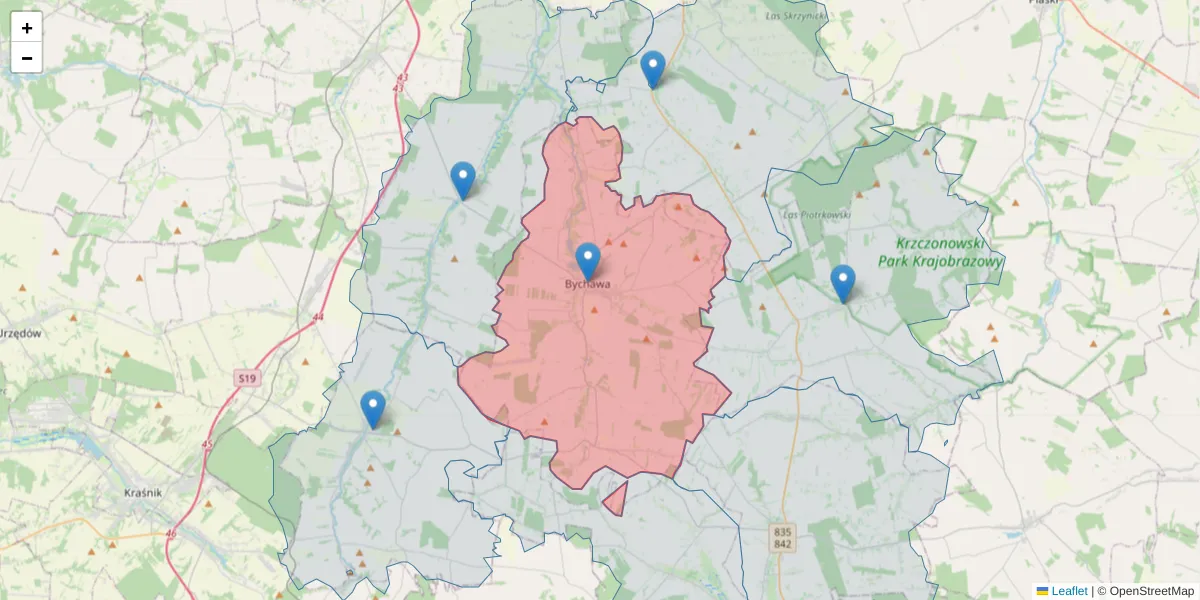 Szczegółowa mapa kodu pocztowego 23-100 z granicami, sąsiednimi kodami pocztowymi i urzędami pocztowymi