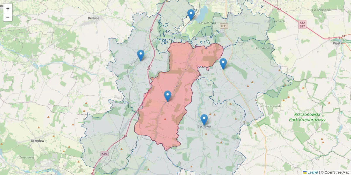 Szczegółowa mapa kodu pocztowego 23-107 z granicami, sąsiednimi kodami pocztowymi i urzędami pocztowymi