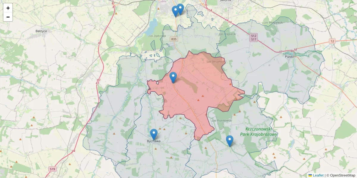 Szczegółowa mapa kodu pocztowego 23-114 z granicami, sąsiednimi kodami pocztowymi i urzędami pocztowymi
