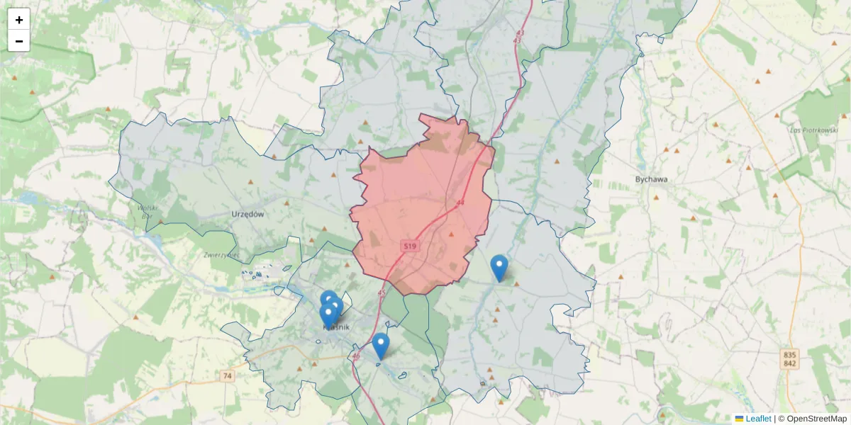 Szczegółowa mapa kodu pocztowego 23-212 z granicami, sąsiednimi kodami pocztowymi i urzędami pocztowymi