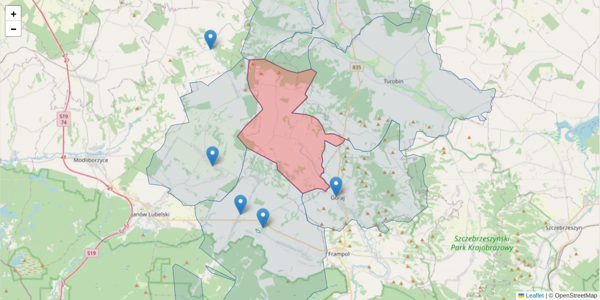 Szczegółowa mapa kodu pocztowego 23-305 z granicami, sąsiednimi kodami pocztowymi i urzędami pocztowymi