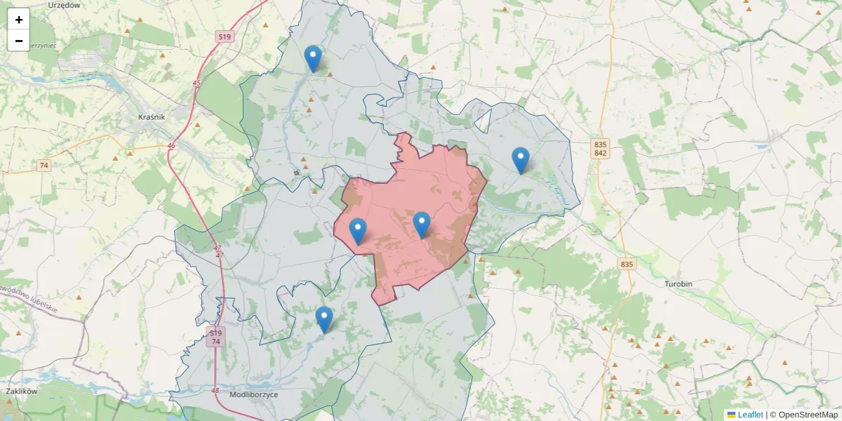 Szczegółowa mapa kodu pocztowego 23-320 z granicami, sąsiednimi kodami pocztowymi i urzędami pocztowymi