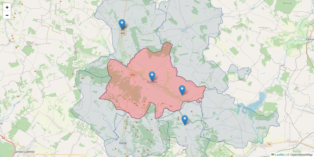 Szczegółowa mapa kodu pocztowego 23-465 z granicami, sąsiednimi kodami pocztowymi i urzędami pocztowymi