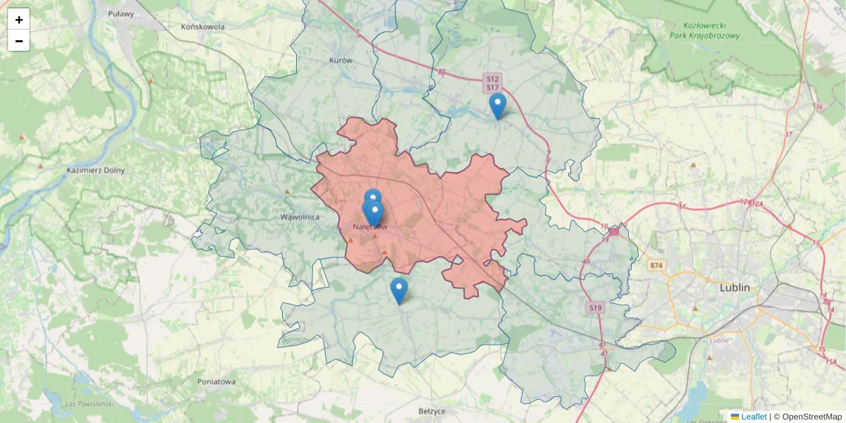 Szczegółowa mapa kodu pocztowego 24-150 z granicami, sąsiednimi kodami pocztowymi i urzędami pocztowymi