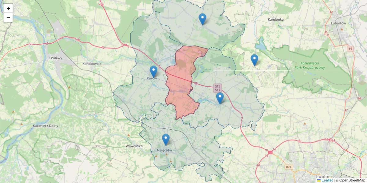 Szczegółowa mapa kodu pocztowego 24-173 z granicami, sąsiednimi kodami pocztowymi i urzędami pocztowymi