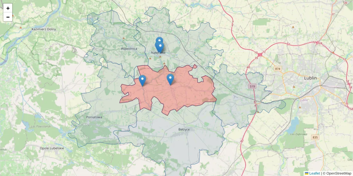 Szczegółowa mapa kodu pocztowego 24-204 z granicami, sąsiednimi kodami pocztowymi i urzędami pocztowymi