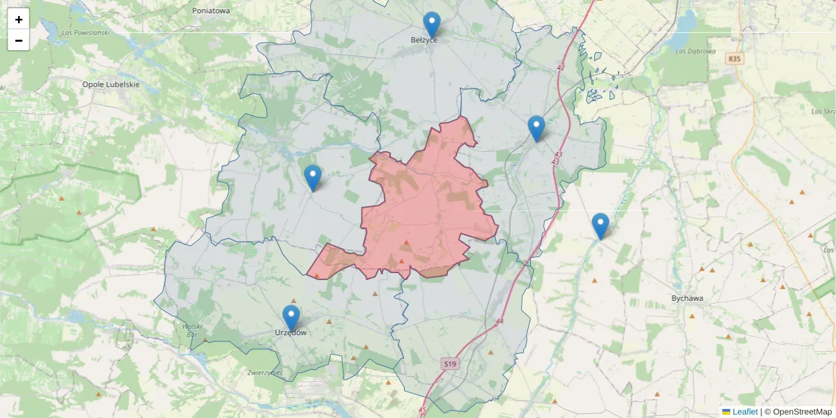 Szczegółowa mapa kodu pocztowego 24-224 z granicami, sąsiednimi kodami pocztowymi i urzędami pocztowymi
