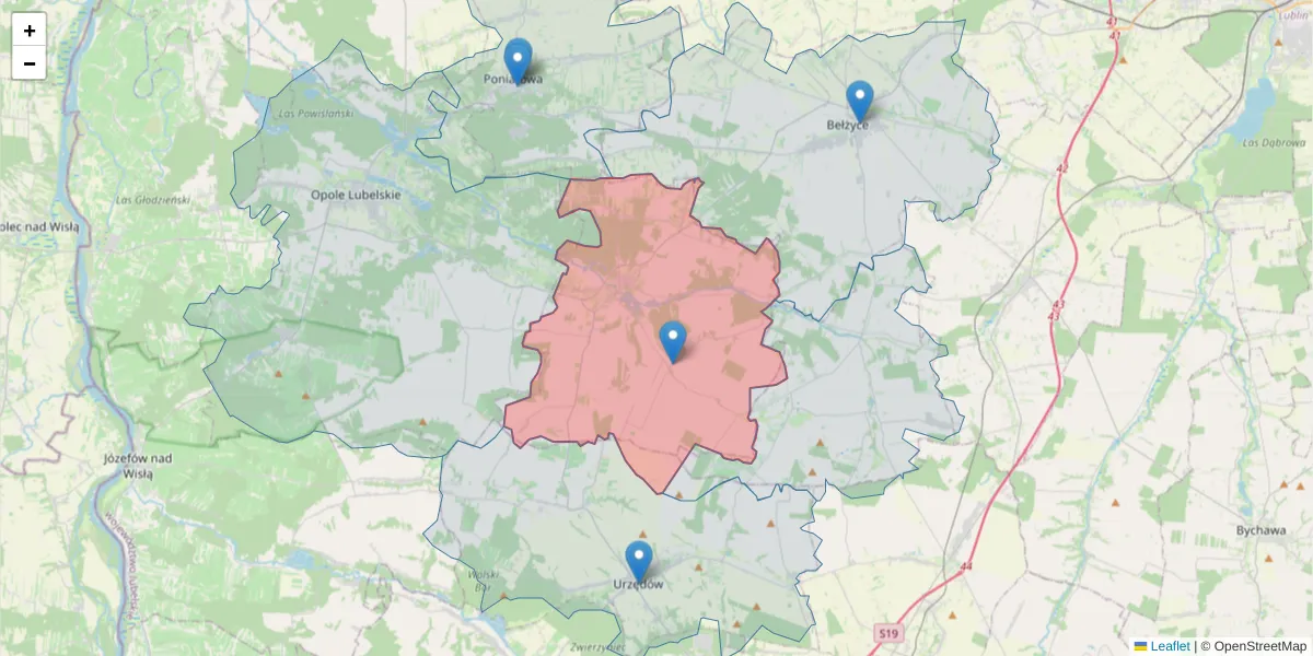 Szczegółowa mapa kodu pocztowego 24-350 z granicami, sąsiednimi kodami pocztowymi i urzędami pocztowymi