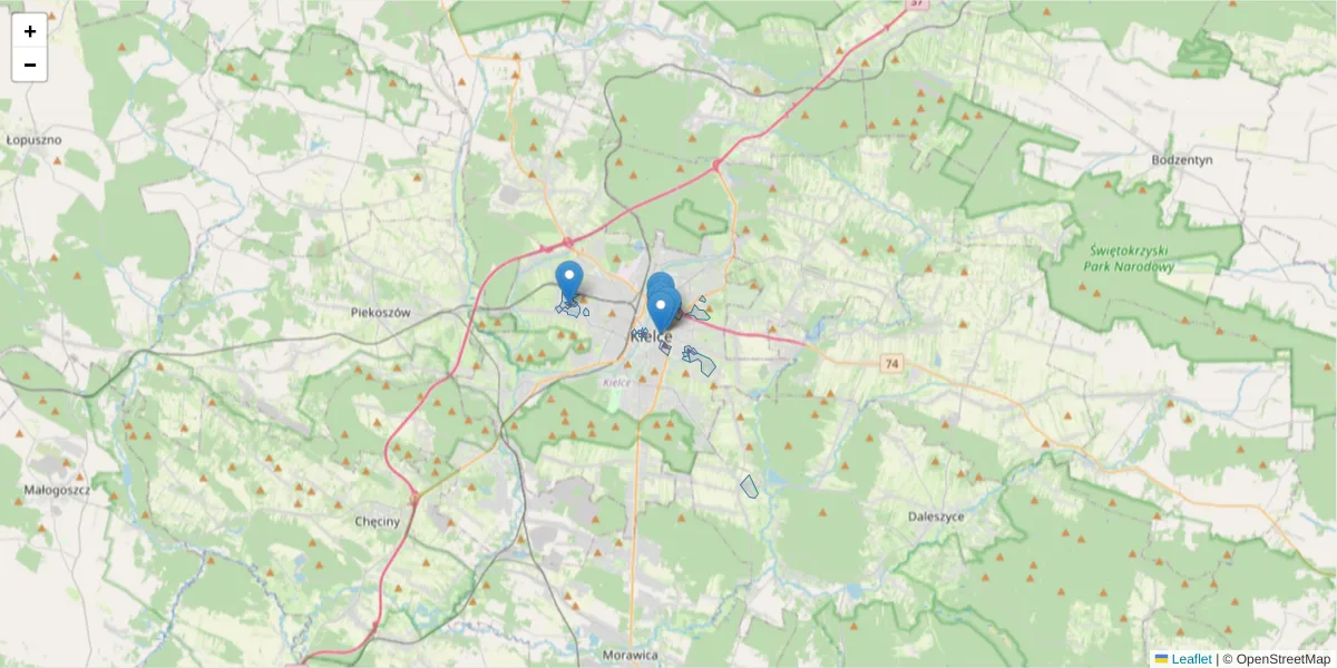 Szczegółowa mapa kodu pocztowego 25-001 z granicami, sąsiednimi kodami pocztowymi i urzędami pocztowymi