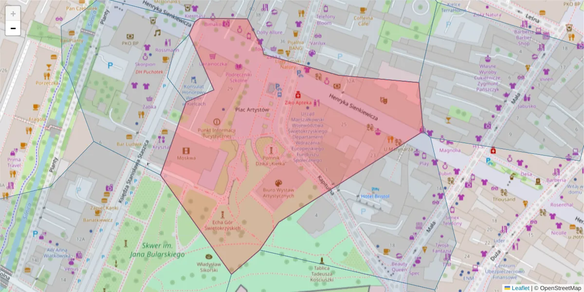 Szczegółowa mapa kodu pocztowego 25-007 z granicami, sąsiednimi kodami pocztowymi i urzędami pocztowymi