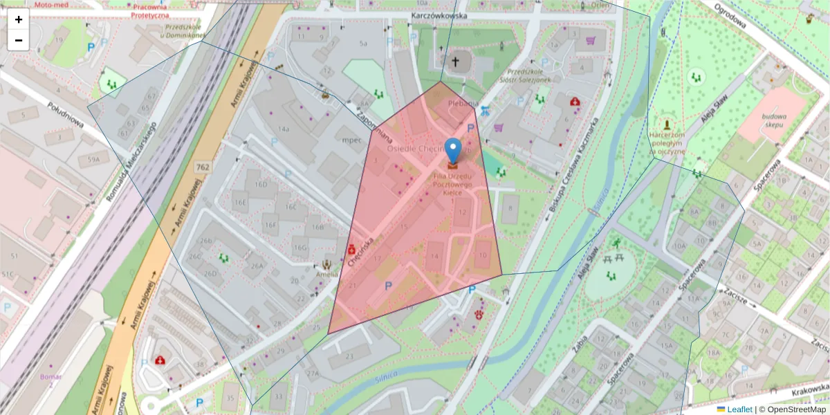 Szczegółowa mapa kodu pocztowego 25-013 z granicami, sąsiednimi kodami pocztowymi i urzędami pocztowymi