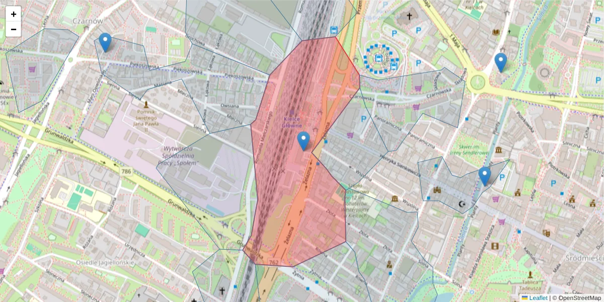 Szczegółowa mapa kodu pocztowego 25-014 z granicami, sąsiednimi kodami pocztowymi i urzędami pocztowymi