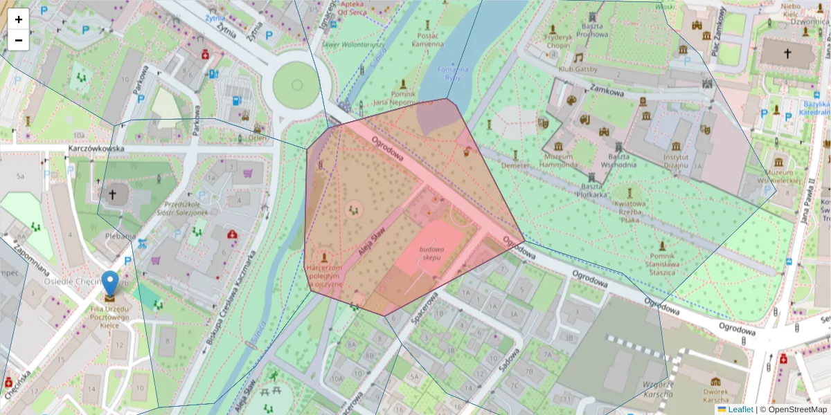 Szczegółowa mapa kodu pocztowego 25-024 z granicami, sąsiednimi kodami pocztowymi i urzędami pocztowymi