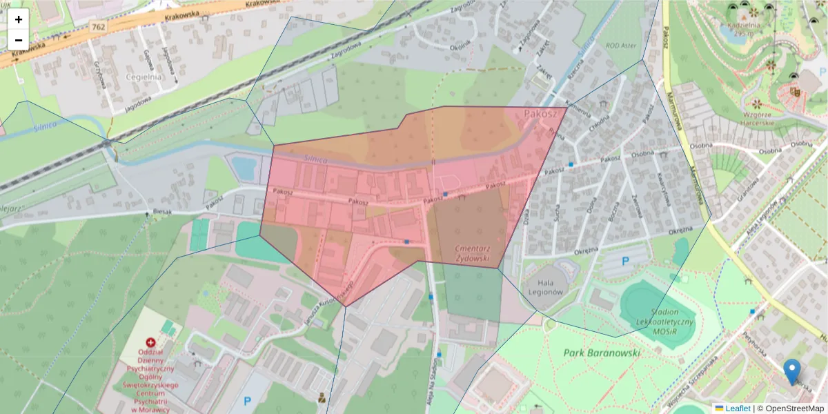 Szczegółowa mapa kodu pocztowego 25-040 z granicami, sąsiednimi kodami pocztowymi i urzędami pocztowymi