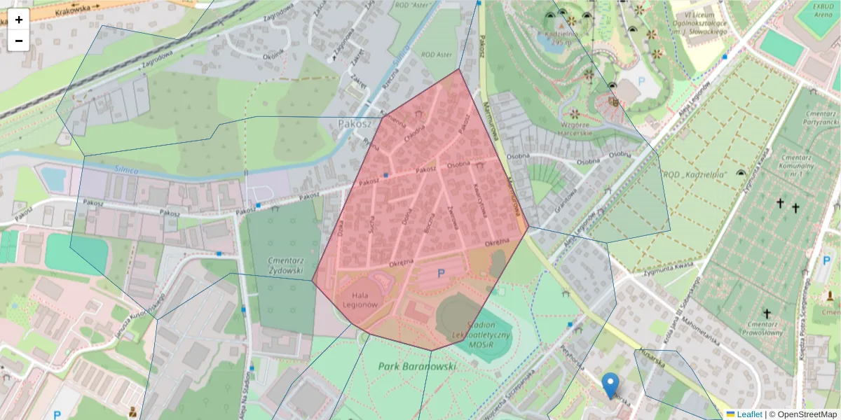 Szczegółowa mapa kodu pocztowego 25-043 z granicami, sąsiednimi kodami pocztowymi i urzędami pocztowymi