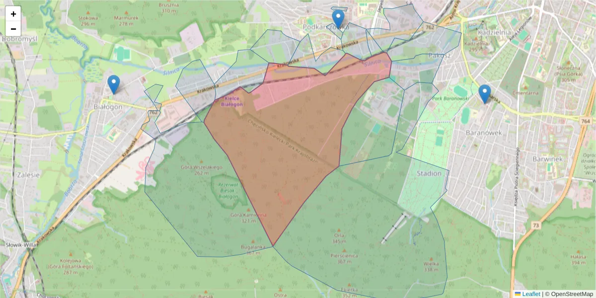 Szczegółowa mapa kodu pocztowego 25-046 z granicami, sąsiednimi kodami pocztowymi i urzędami pocztowymi