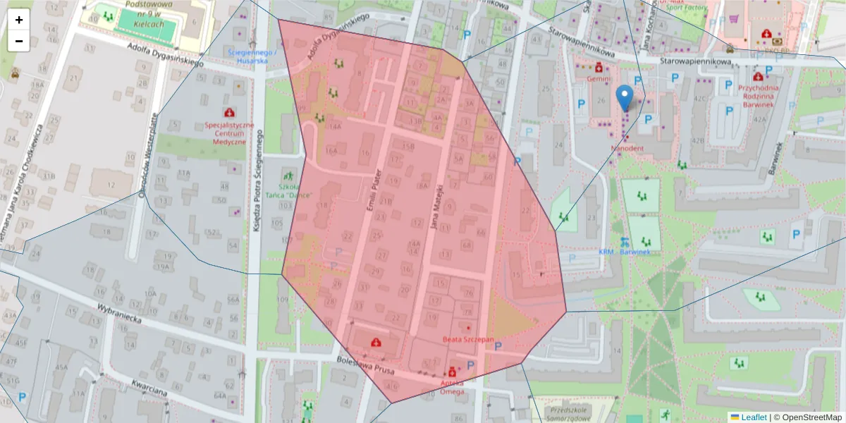 Szczegółowa mapa kodu pocztowego 25-111 z granicami, sąsiednimi kodami pocztowymi i urzędami pocztowymi