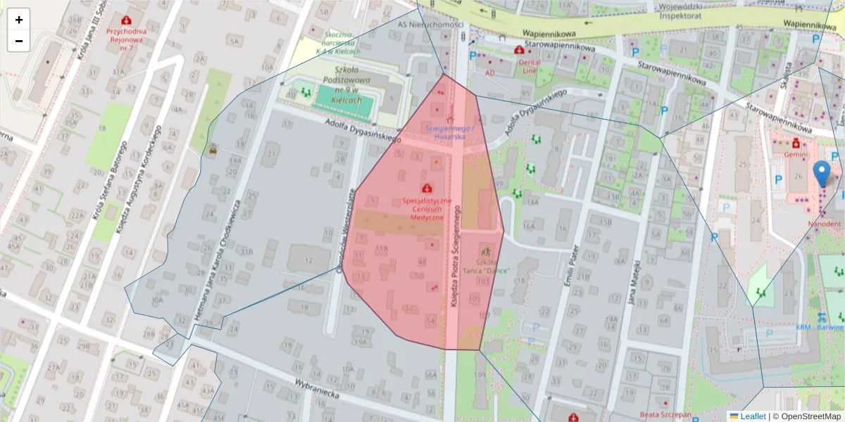 Szczegółowa mapa kodu pocztowego 25-114 z granicami, sąsiednimi kodami pocztowymi i urzędami pocztowymi