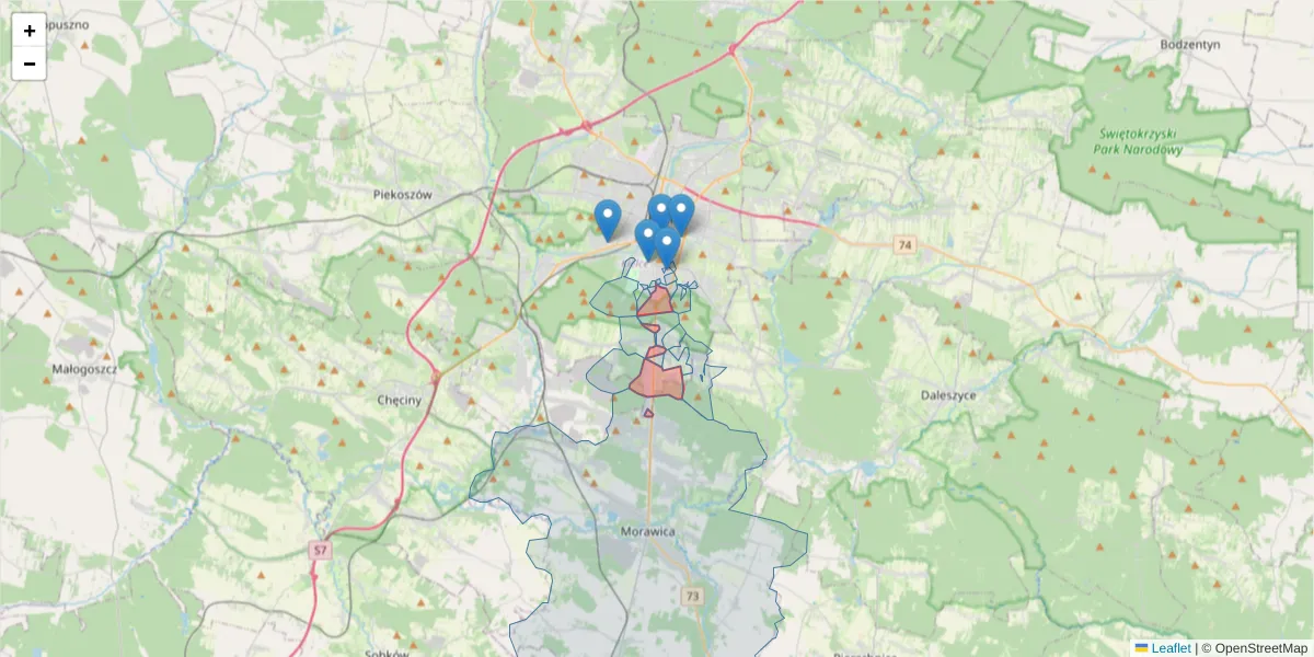 Szczegółowa mapa kodu pocztowego 25-116 z granicami, sąsiednimi kodami pocztowymi i urzędami pocztowymi