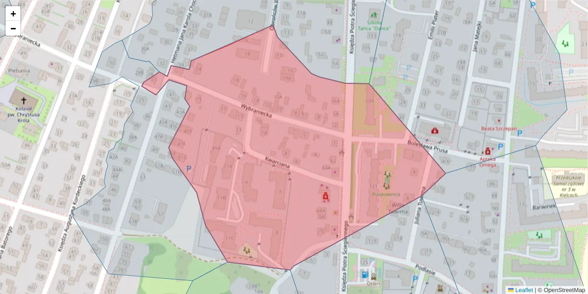 Szczegółowa mapa kodu pocztowego 25-121 z granicami, sąsiednimi kodami pocztowymi i urzędami pocztowymi
