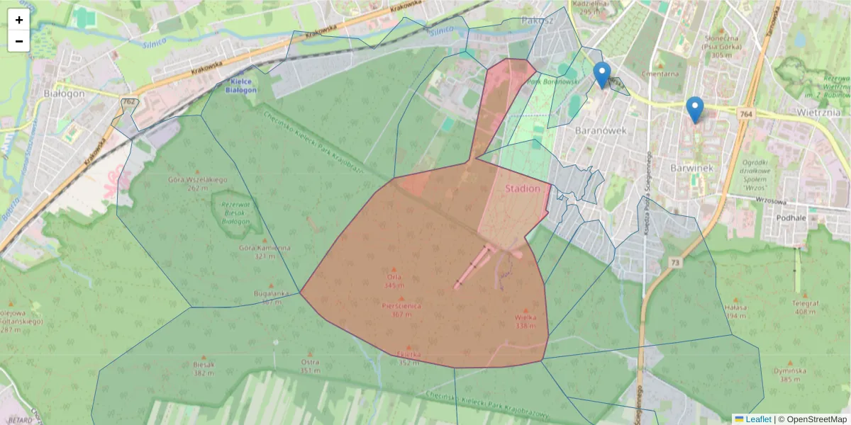 Szczegółowa mapa kodu pocztowego 25-127 z granicami, sąsiednimi kodami pocztowymi i urzędami pocztowymi